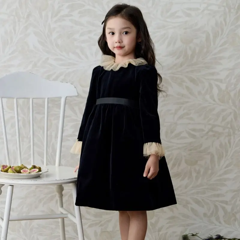 2026 Autumn BP Baby Girls Black Velvet Dress Elegent Dresses for Birthday Girls Elegant Solid Clothing