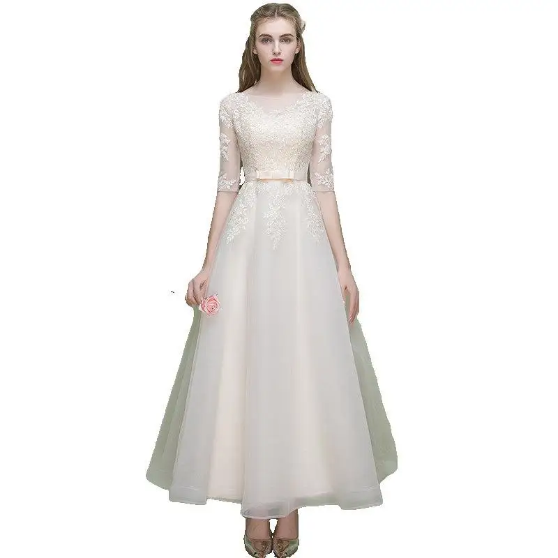 

Элегантное вечернее платье для подружки невесты с круглым вырезом и вышивкой, с рукавами до локтя