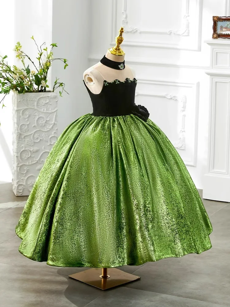 

Real Picture Elegant Green Black Young Girl Birthday Party Dress Sheer Neck Puffy Kids Prom Pageant Gown Children فساتين اطفال