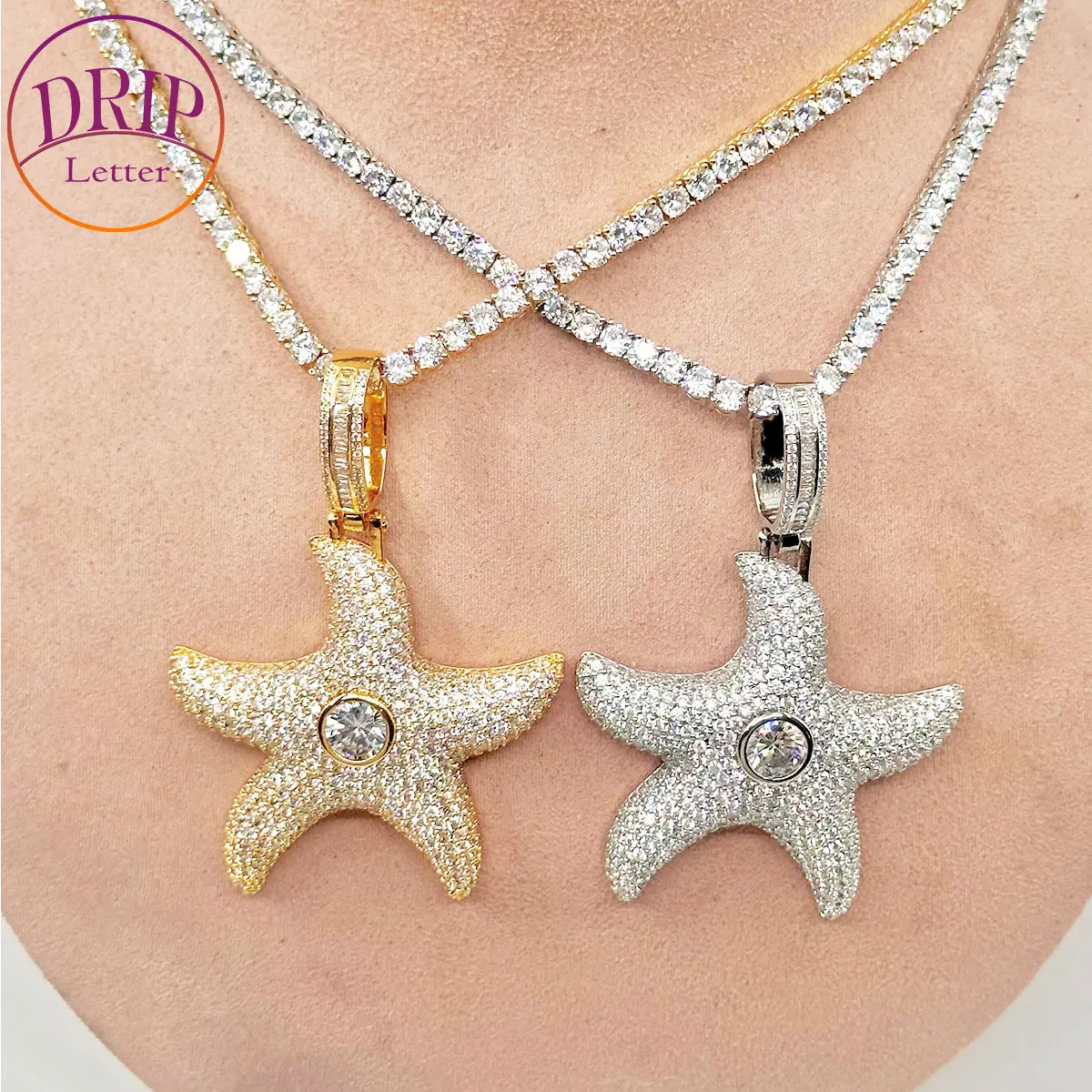 Out Sea Star Pendant for Women Prong Setting Necklace Cubic Zirconia Hip Hop Jewelry 2023 Trends