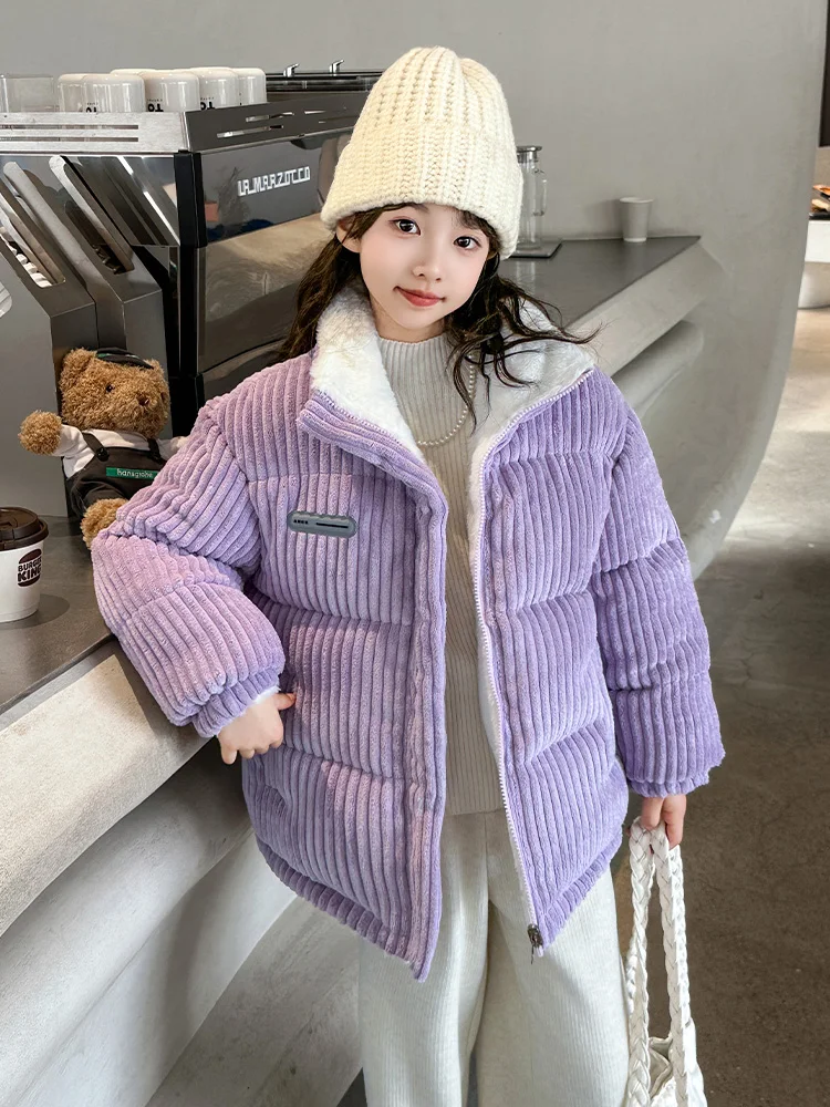 

Двусторонняя хлопковая куртка для девочек, утепленная, с длинными рукавами, стандартной длины, на флисовой подкладке, из вельвета, модное зимнее пальто