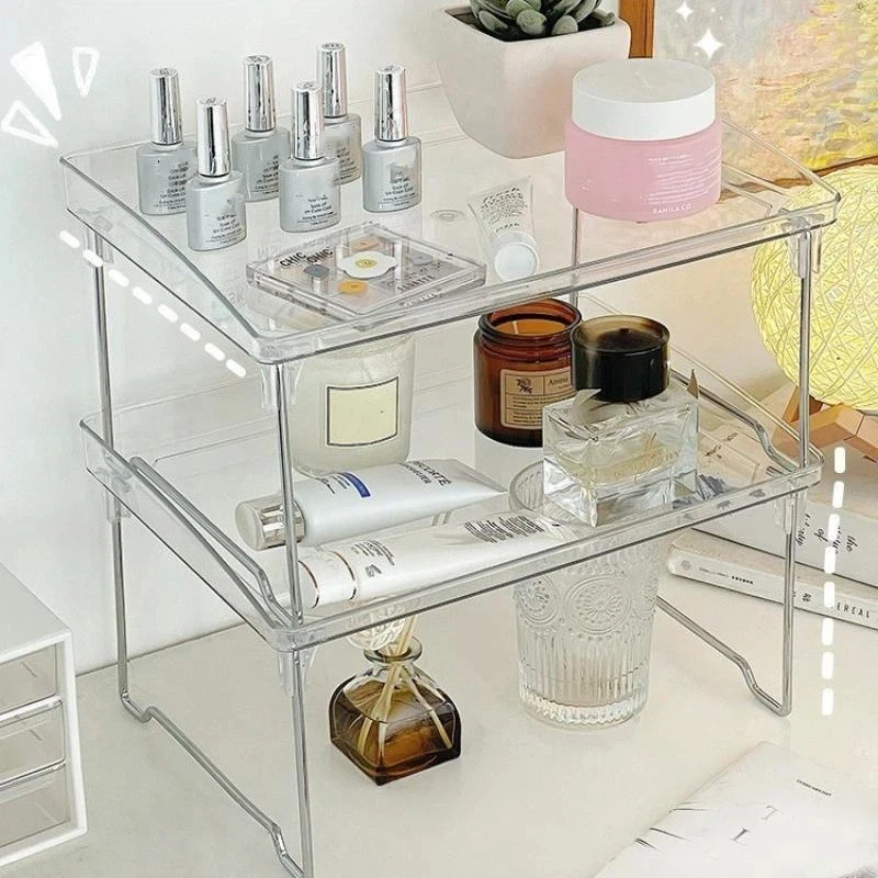 ~Two Tier Acrylic Makeup Storage Rack Foldable Metal Support Vanity Organizer for Skincare Cosmetics Bathroom Countertop Bedroo