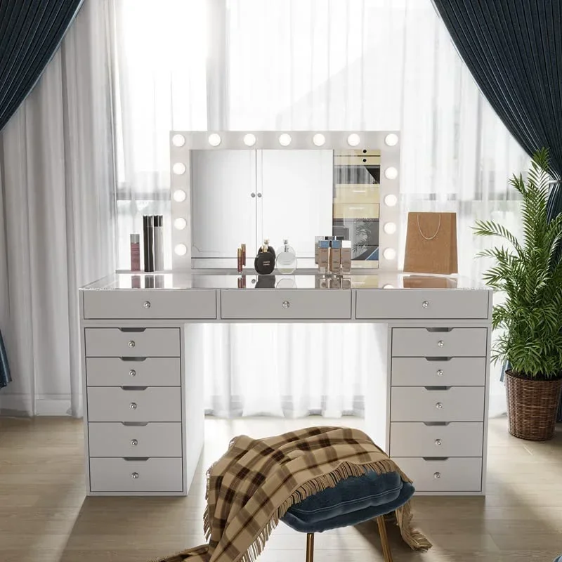

# Dressing Table With LED Mirror 16 Lights Glass Top With 3 Large Drawers And 10 Drawer Dresser #