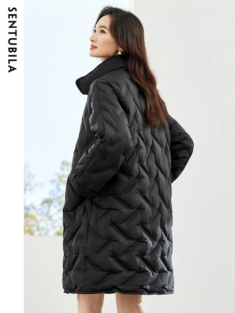 SENTUBILA Classic Mid-Length Down Jacket Women Winter 90 White Duck Down Coats 2024 Stand Collar Warm Puffer Jackets W34Y49562