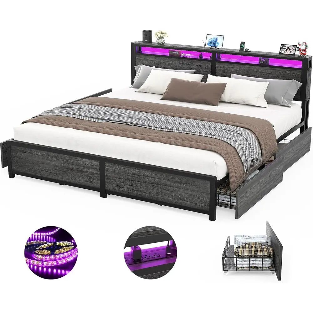 

King Size Storage Bed with 4 Drawers, LED Light, and Charging Station - Sturdy Platform Design in Black Oak, No Box Spring Neede