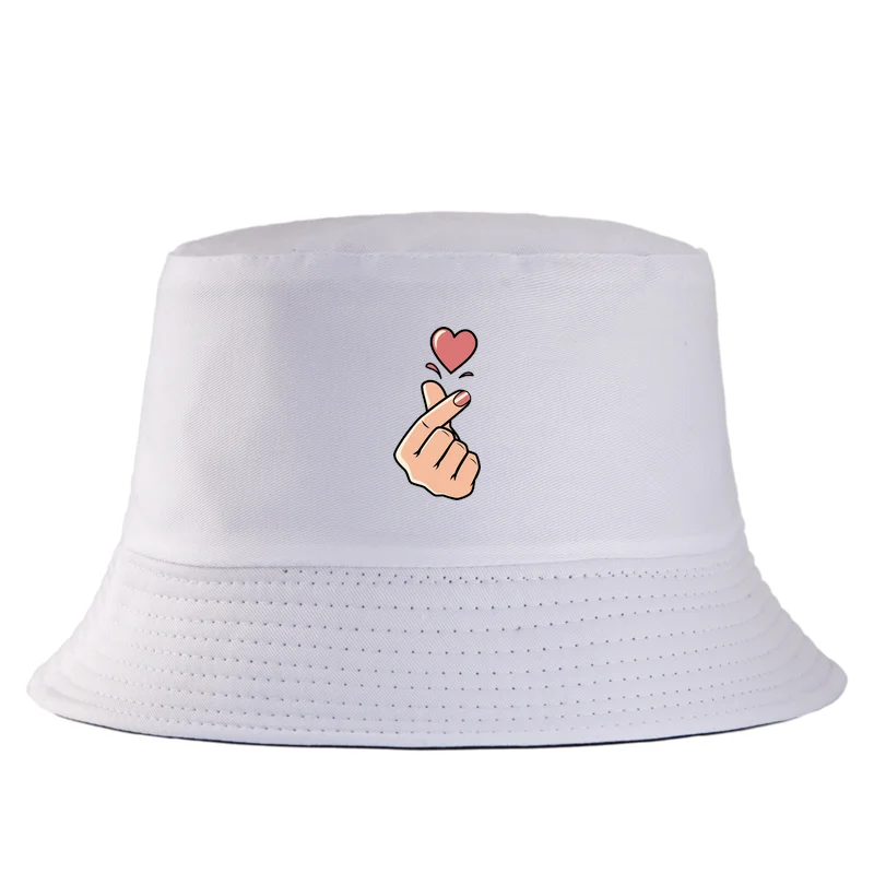 Korean Finger Heart Bucket Hat for Women Men Summer Cotton Fisherman Cap Kpop Saranghae Sun Panama Hats Unisex Hip Hop Bob