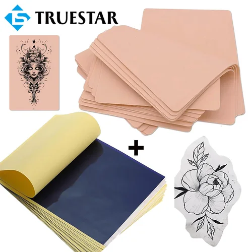 Kit de papel de transferencia de piel y tatuaje para práctica de tatuaje, piel falsa de doble cara con juego de papel de plantilla, suministro de tatuaje de maquillaje permanente