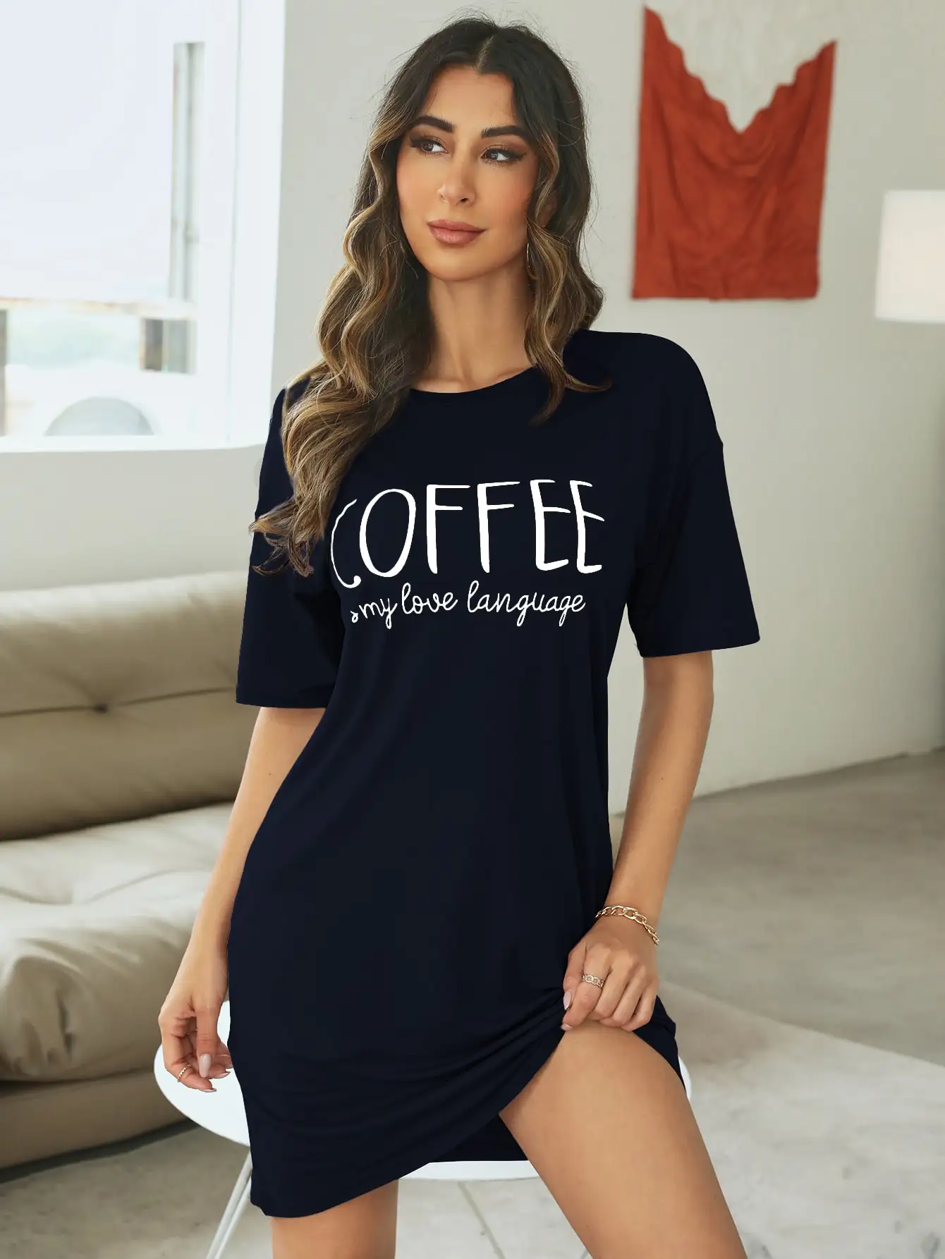 

Purple Graphic Drop Shoulder Nightdress with Coffee Slogan Print