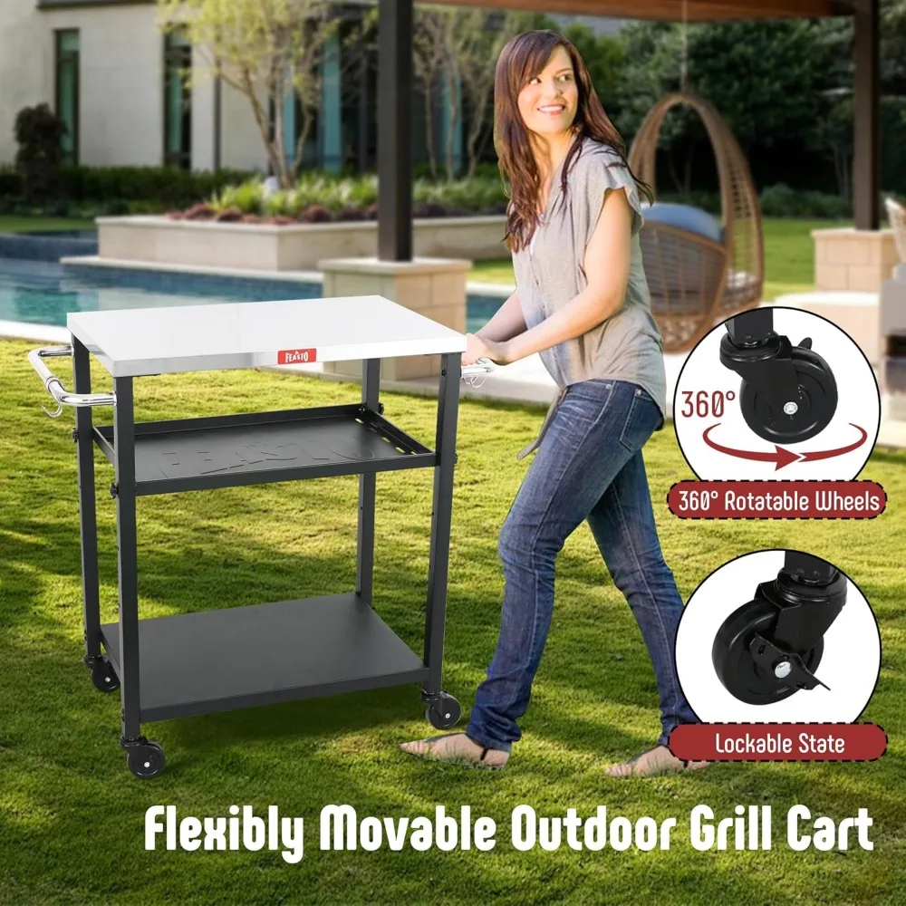 3-Shelf Grill Table,Pizza Oven Stand with Adjustable Shelf, Movable Pizza Oven Table Grill Cart,Grill Table for Outside