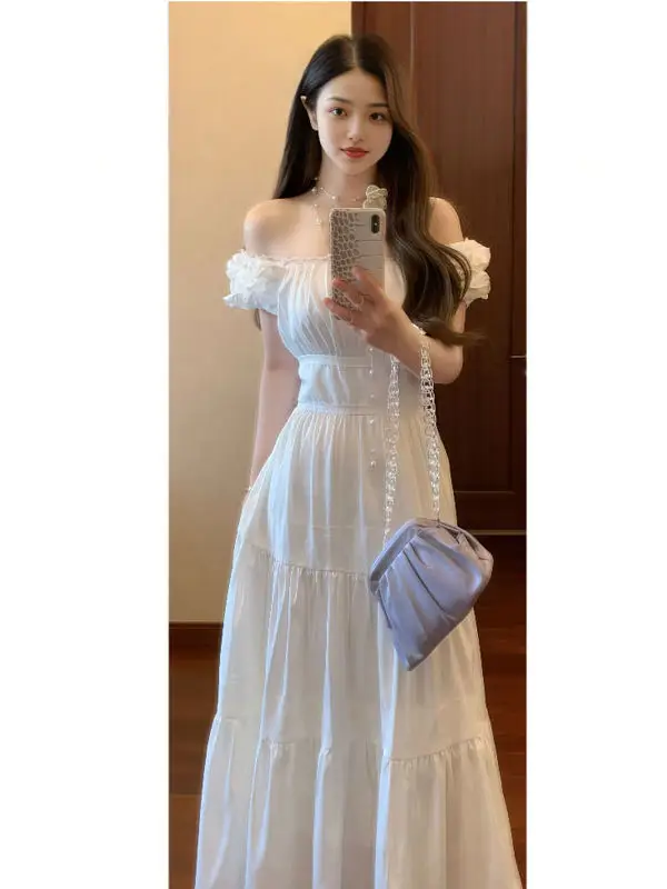 

Gentle Wind Beautiful One-Shoulder Dress Slimming Summer Long Dress Pure Color Bridesmaid Dress High Waist No Sleeve A-Line S...