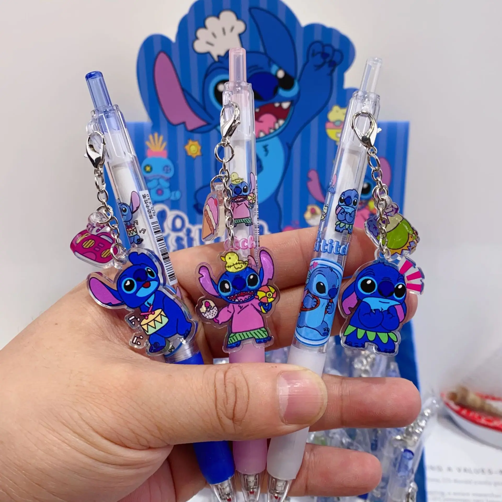 Cute Cartoon 6pcs Stitch Push Pen Acrylic Pendant Student Neutral Writing Pen Black Refill