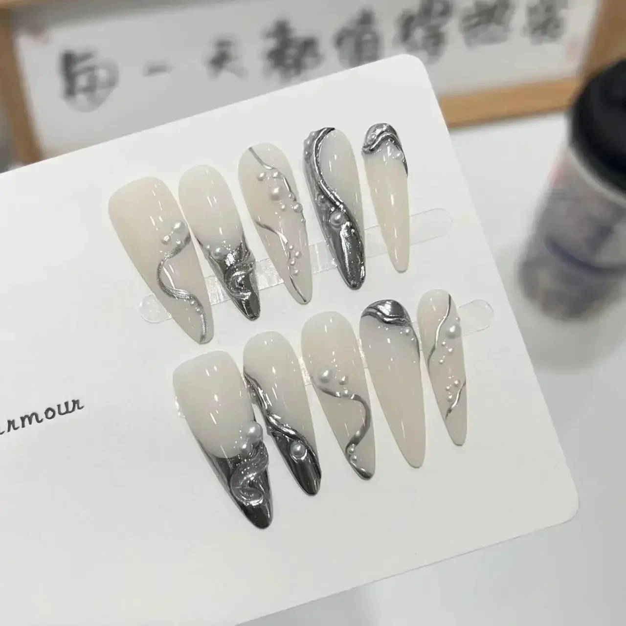 10Pcs Irregular 3D Silver Metal Handmade Fake Nails Long Almond White Press On Nail Full Cover False Nail Wearable Nail Tips Art