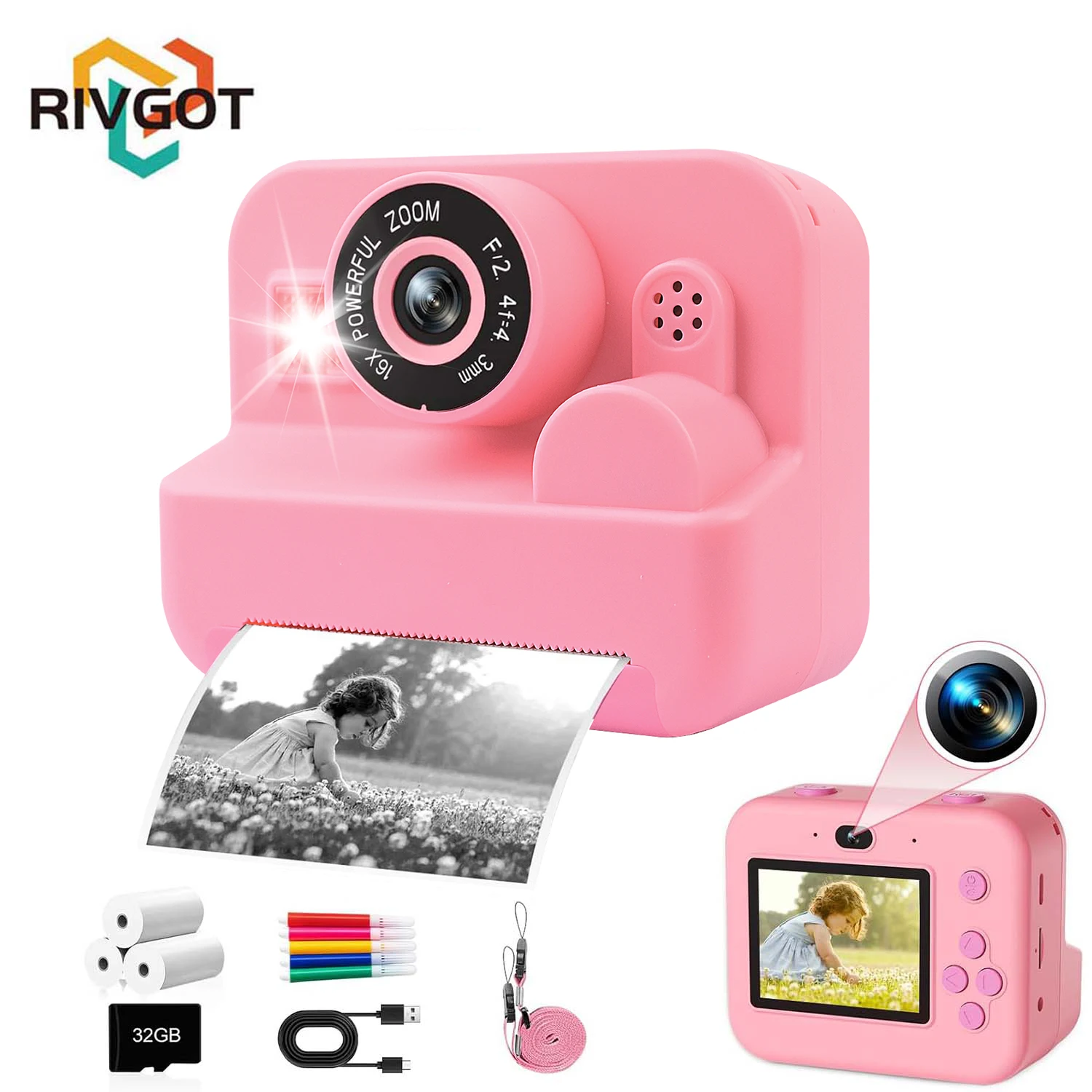 Instant Print Camera With 32G Card Thermal Photo Printing Digital Children Camera Video Photography Educational Toy Kids Gift