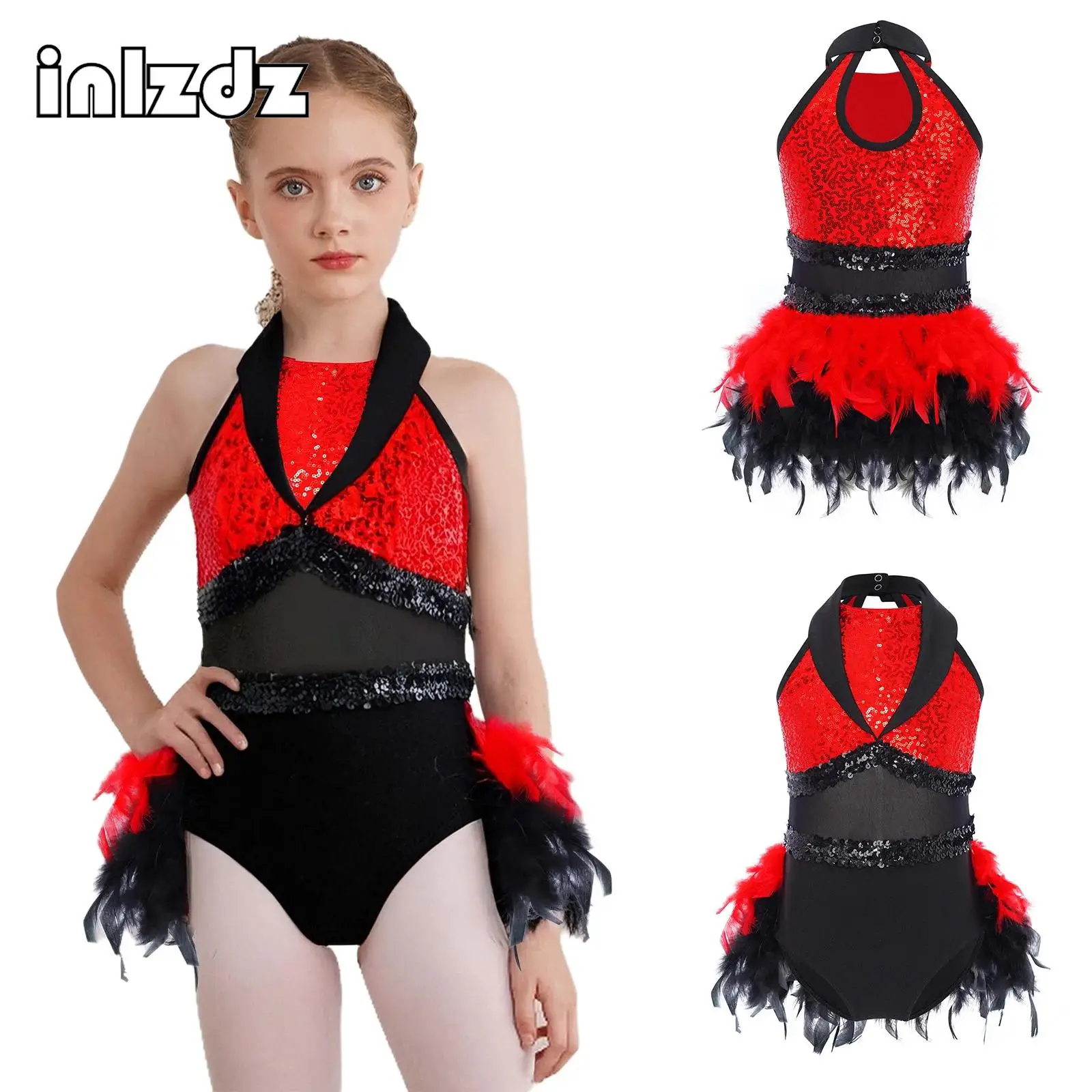

Sleeveless Girls Jazz Dance Dresses Ballet Latin Figure Skating Performance Costume Mesh Shiny Sequins Feather Leotard Dancewear