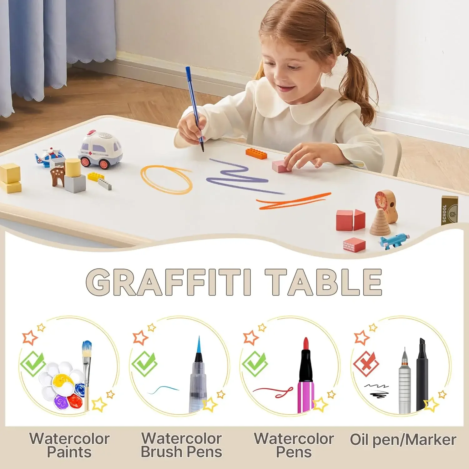 Kids Study Table and Chairs Set, Height Adjustable Toddler Table and Chair Set for Kids Ages 3-8, Graffiti Desktop