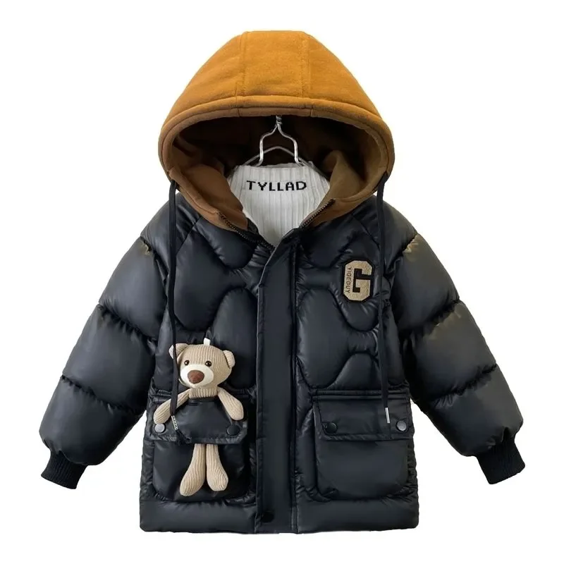 

Boys Down Jacket Outerwear Pocket Thickened Cotton bear Solid Hooded Jacket 2023 New Winter Warm Baby Children's Coat 4-12y