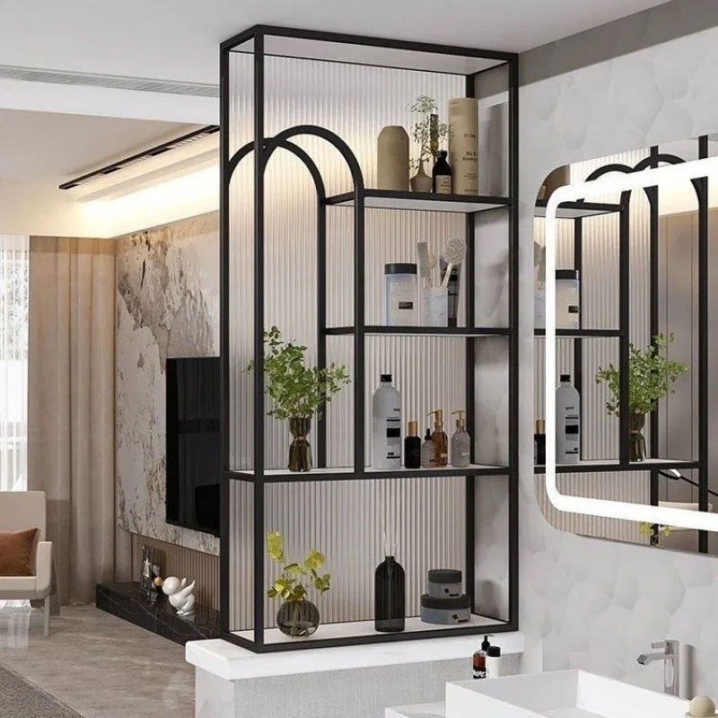 

#v* forBathroom dry area half wall glass partition wrought iron rack washing table living room