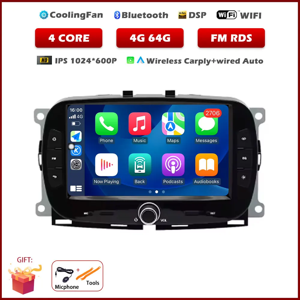 7 "Autoradio Voor FIAT 500 2016 2017 2018 2019 GPS Navigatie Android Auto Carplay Multimedia Speler 5G Wifi BT 360 Camera DSP