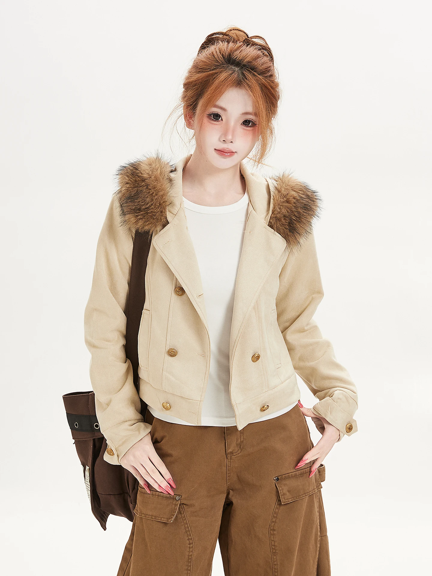 Ant Retro Style Women's Short Jacket Quilted Coat Double Row Buttons Fur Collar Slim Fit Cool And Fashionable Autumn Winter