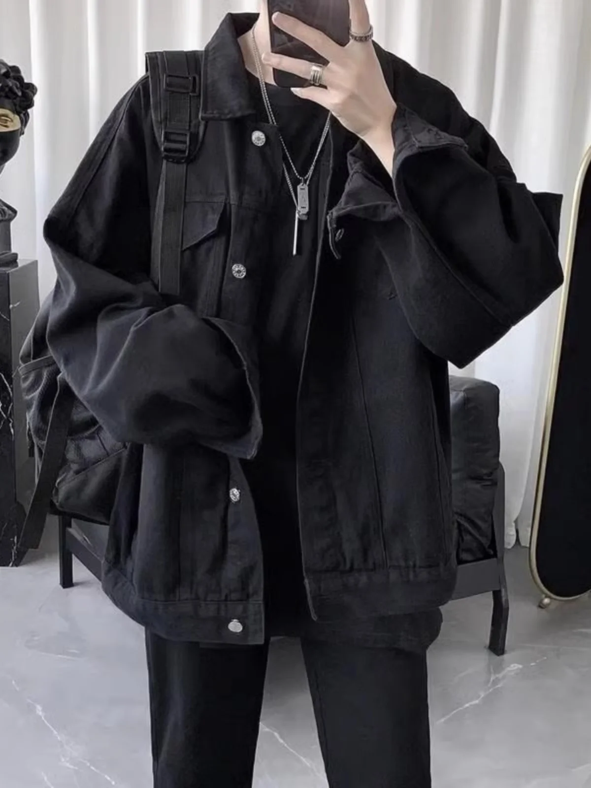 

Sli Bla Denim Jaet for Men Trendy Brand Spring Autumn Versatile Cool American Sle Jaet Boys Casual Faionable