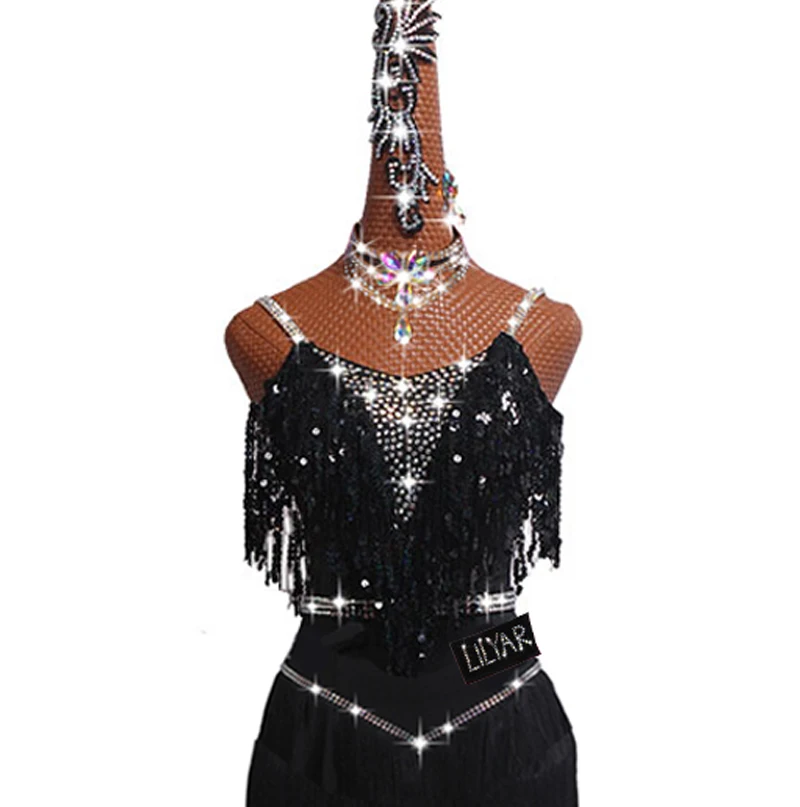 Latin Dance Skirt Competition Performance Adult Custom Children's Black Sequin Flashing Diamond Tassel Slim Backless Dance Skirt