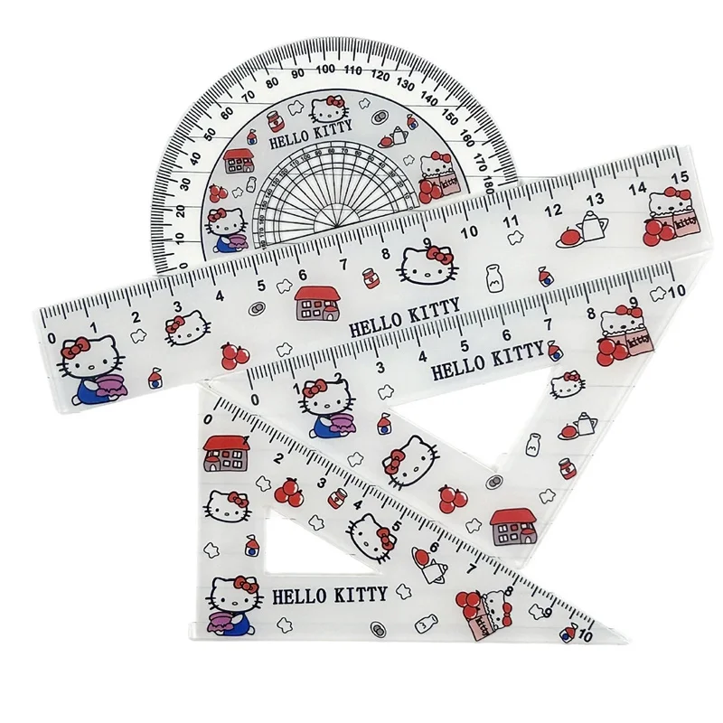 4pcs/Set Cute Cartoon Hellokitty Kuromi Acrylic Student Ruler Set Kawaii Cinnamoroll Children's Drawing Stationery Supplies