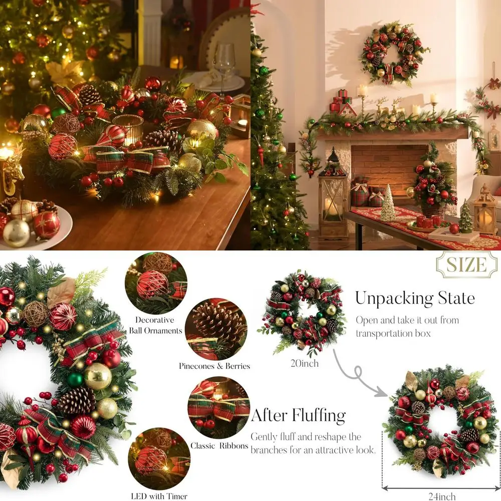 

24 Inch Pre-Lit Christmas Wreath with Red, Green, and Gold Balls for Outdoor Holiday Decor