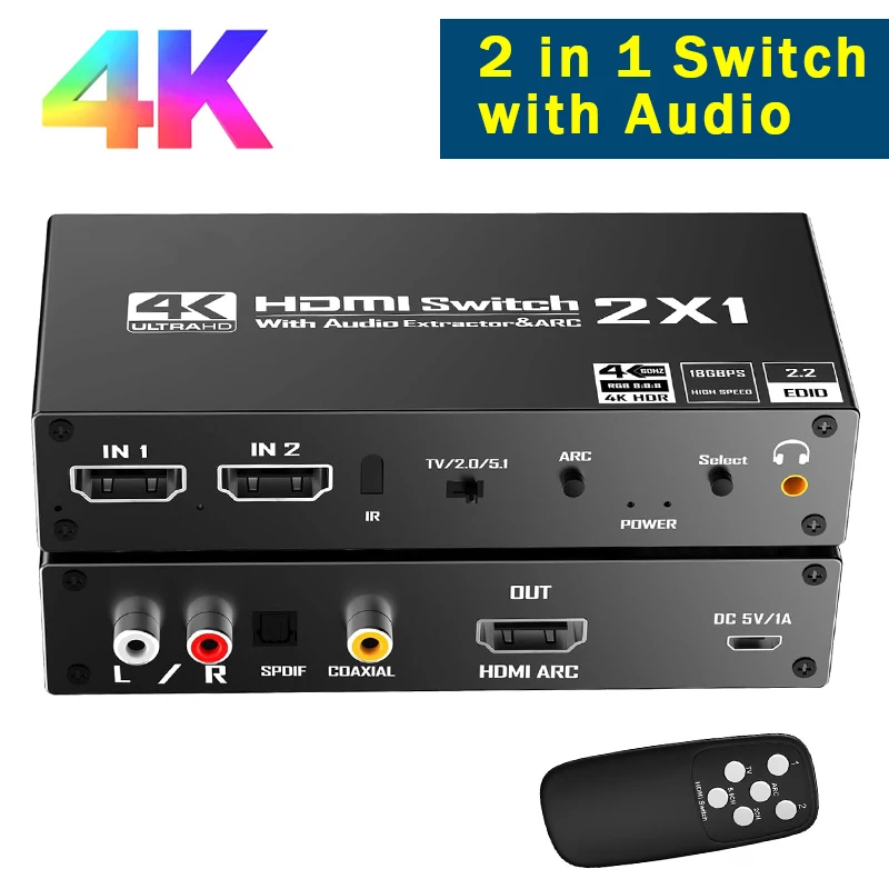 4K HDMI Switcher Audio Extractor 2 in 1 Out Selector with R/L+Toslink SPDIF+COAXIAL Audio out HDMI ARC Audio Switch 2x1 Adapter
