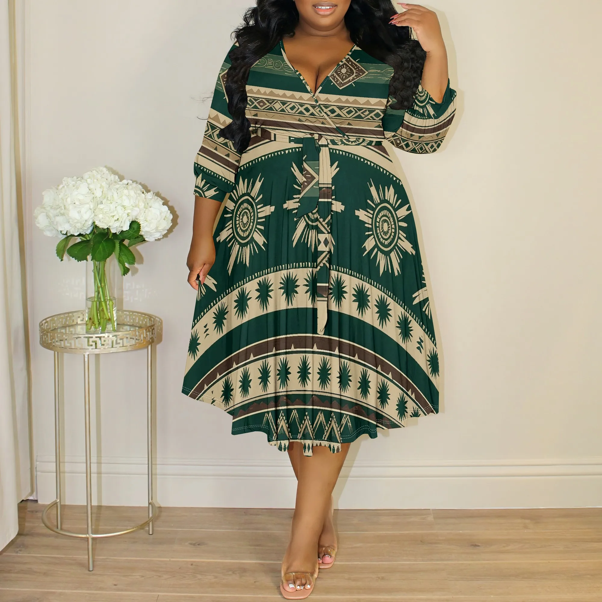 

Plus Size Women's Boho Dress, Tribal Print V-Neck 3/4 Sleeve A-Line Midi Dress with Belt for Party & Casual Wear XL-6XL