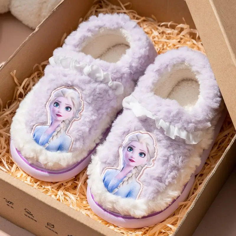 Chaussons en coton Disney pour enfants, chaussures de princesse Elsa, chaussures anti-ald, légères, optiques, talon astronomique, chaudes, mignonnes, maison, intérieur, filles