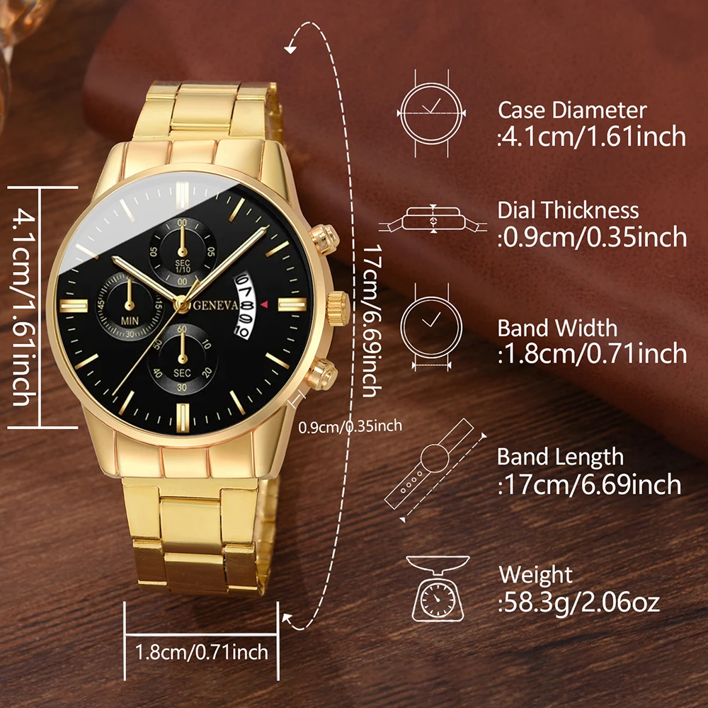 4PCS Gold Alloy Roman Calendar Men\'s Quartz Watch and Cross Necklace Bracelet Ring Set Selected Gifts