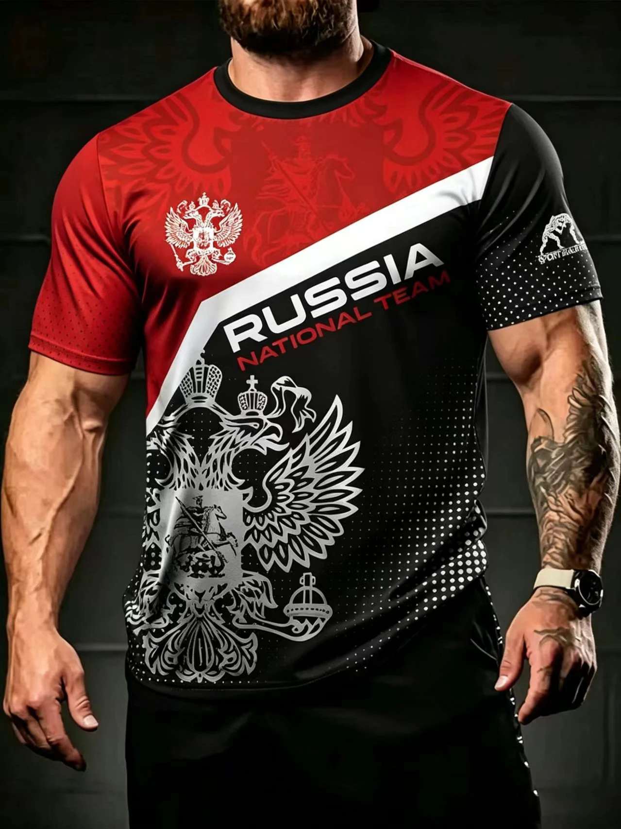 Men's Casual Streetwear 3D Printed Russian Double Headed Eagle Graphic T Shirt Loose Round Neck Quick Drying Sports T-Shirt tops