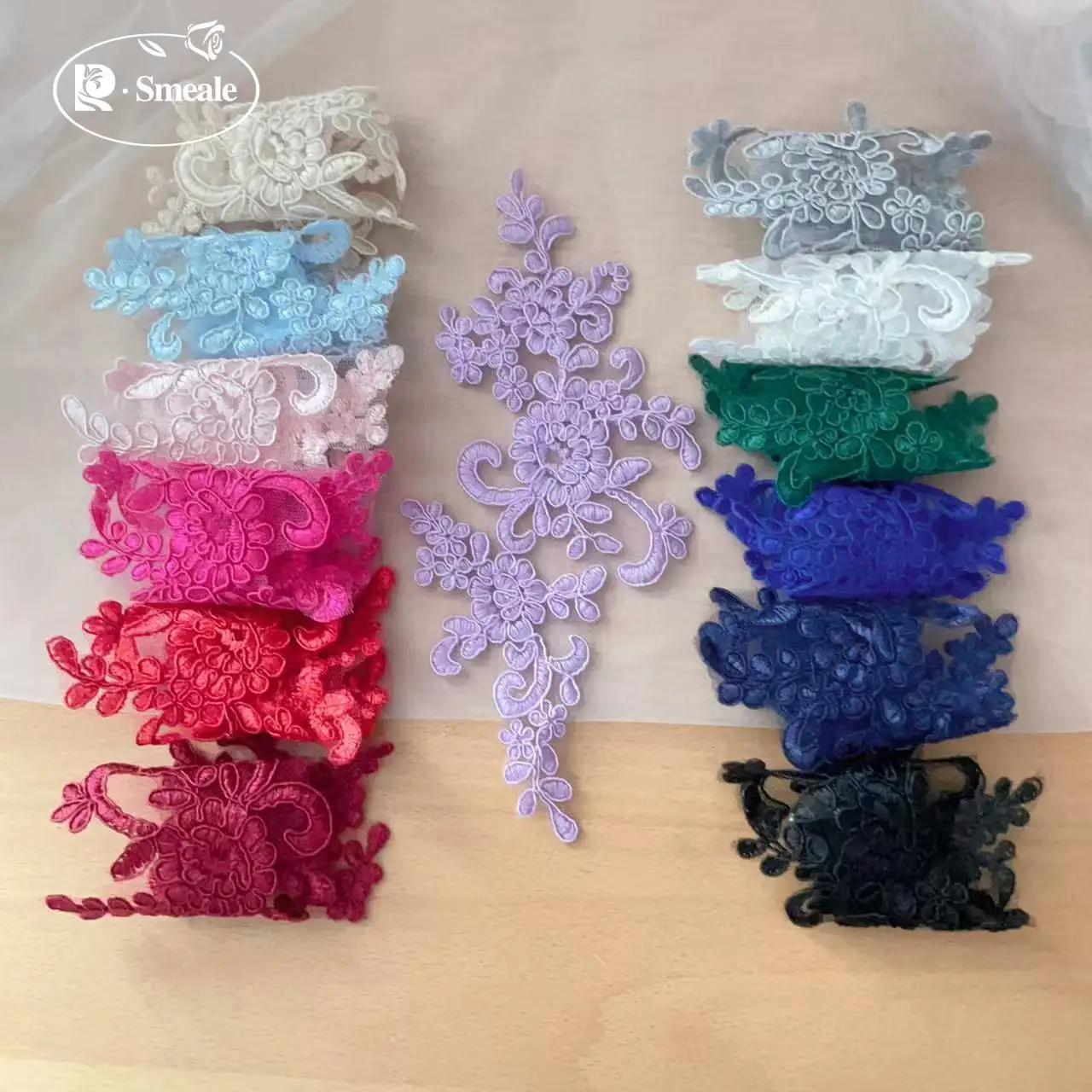 20 Stück/10 Paar Hochwertige Spitzenborte mit Glänzenden Pailletten und Verspiegelten Blumen. Hochzeitskleid Kopfschmuck DIY Nähzubehör RS2506253 – Detail 7