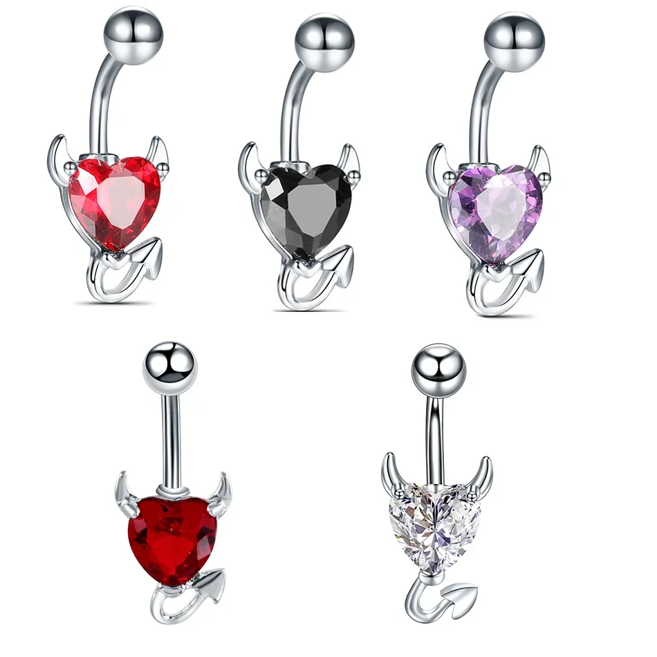 1PC Stainless Steel Heart Belly Button Ring Women Sexy Purple Red Zircon Demon Devil Navel Piercing Dangle Earring Body Jewelry