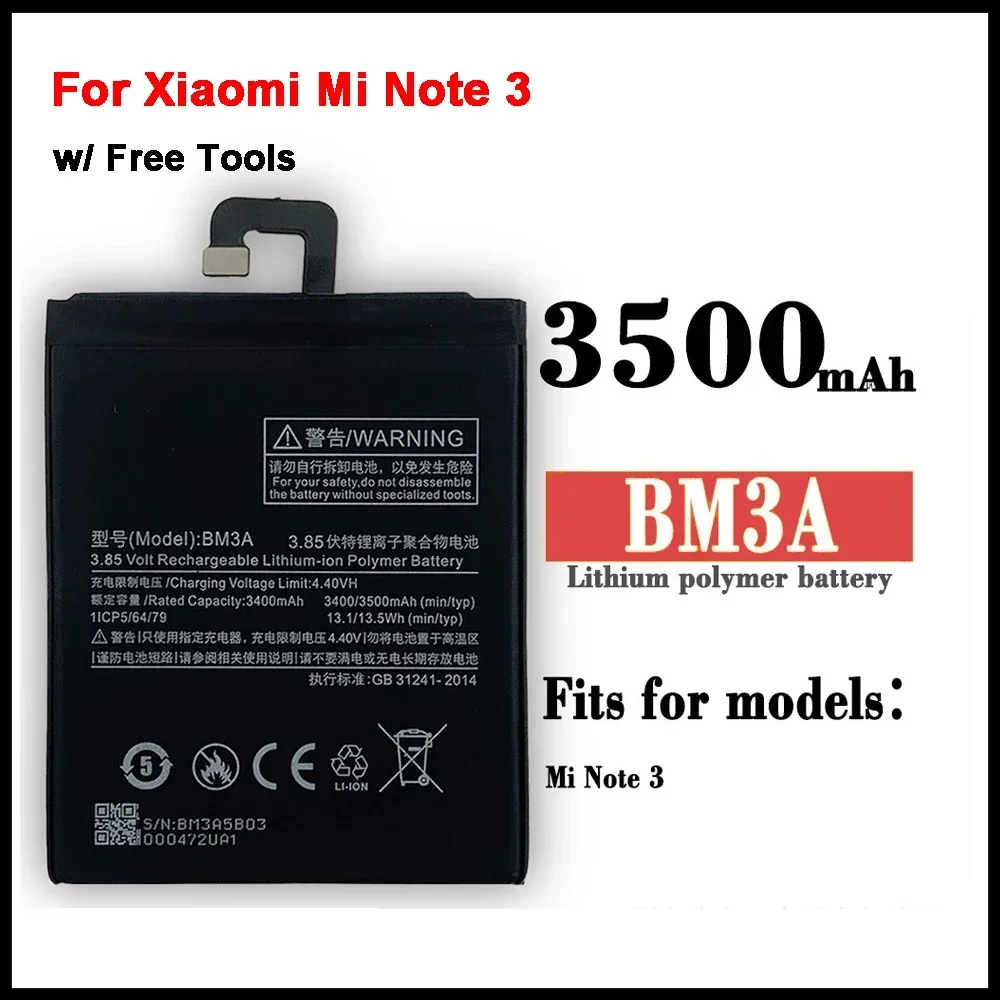 

Phone Battery BM3A For Xiaomi Mi Note 3 Note3 Replacement 3400mAh High Capacity Phone Batteries + Tools