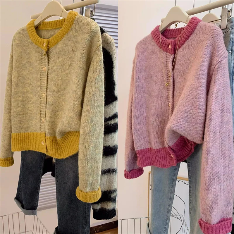 Cárdigan para mujer, suéteres, abrigos, chaquetas de cuello redondo, abrigo de trabajo, jerséis Y2k, ropa de calle elegante de punto abierto, Otoño Invierno