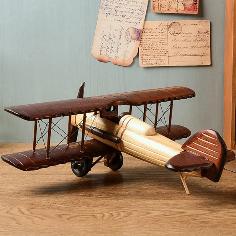 Retro Aircraft Handicraf Wooden Airplane Model,Vintage Biplane Model Desktop Decoration Photo Props Souvenir Collectible Durable