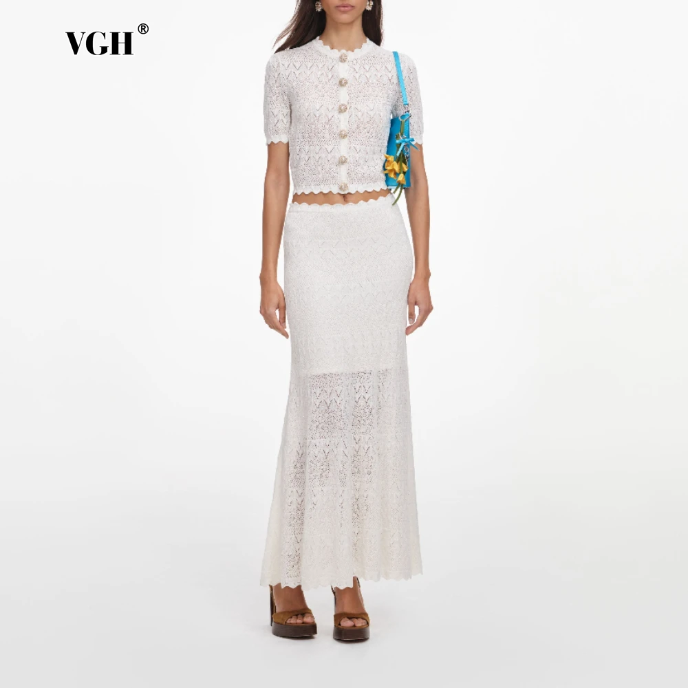 VGH Summer Edge Date White Hollow Knit Two Piece Set for Women Button Accent Crop Top Mermaid Skirt Outfit for Casual Daily Wear
