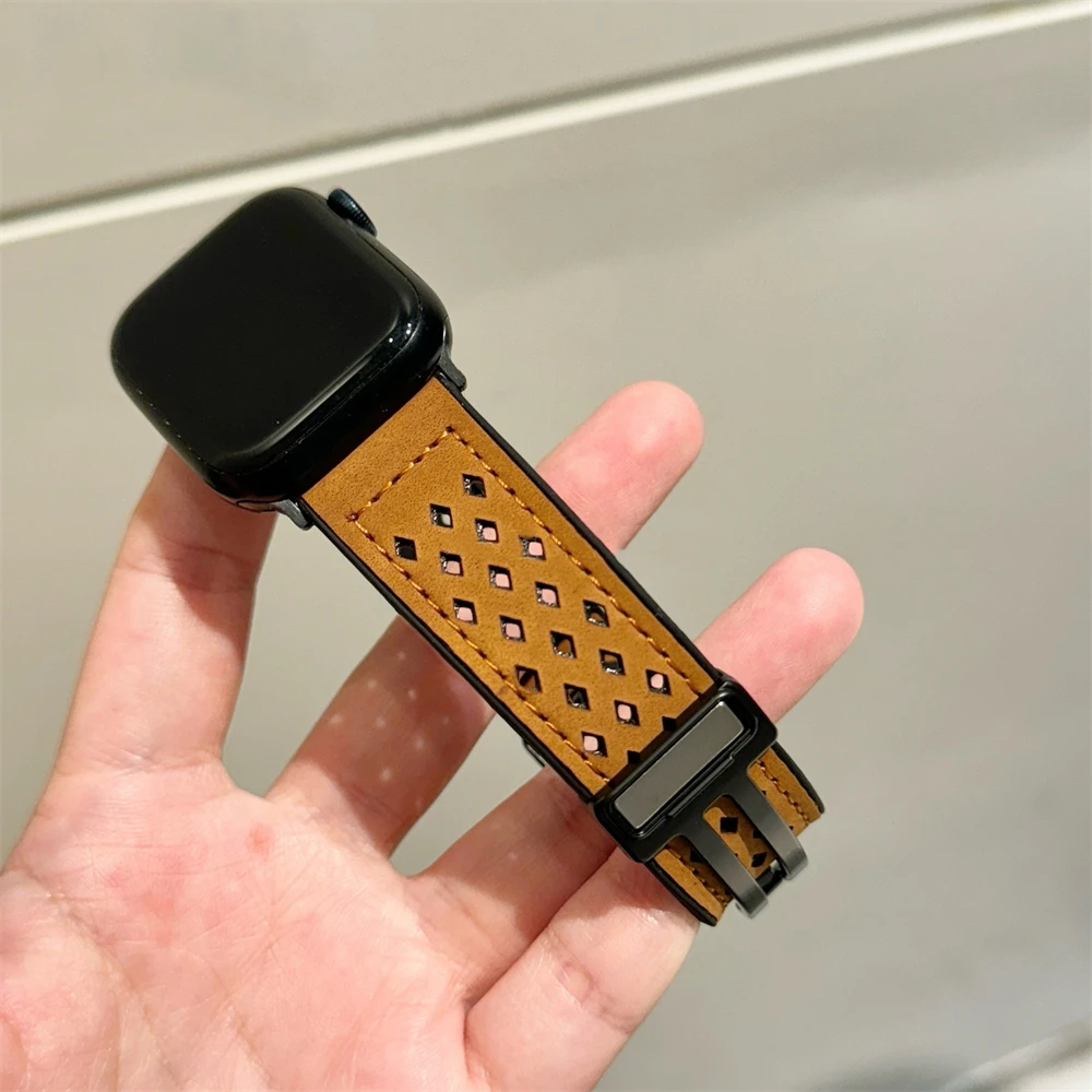 Luxury Leather Breathable Hole Band For Apple Watch 44 40 45 41 49 42 38mm Magnetic Buckle Strap For Ultra Serie 9 8 SE 7 6 5 4