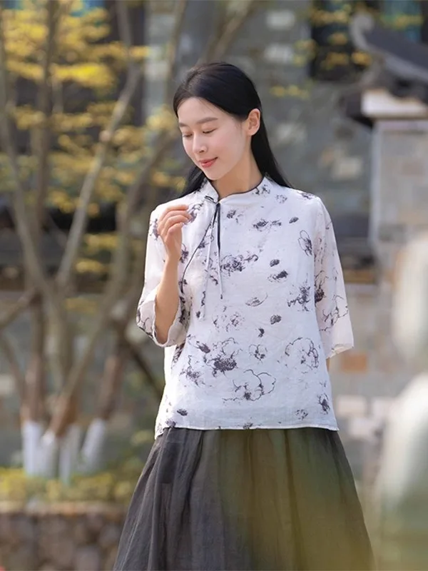 

Tingzhi Hemp ort Sve irt Vintage Chinese Sle Stand Collar Water Ink Print Lightweight Breathable Women's Summer Blouse