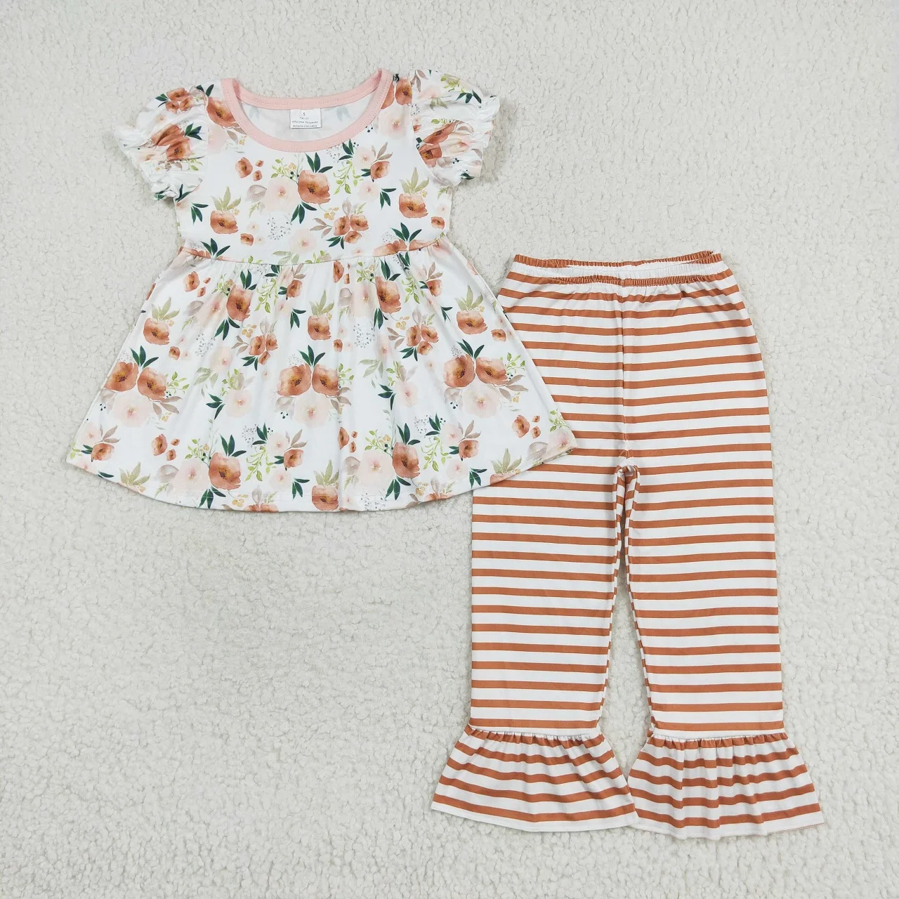 

Wholesale Kid Infant Clothes Two Pieces Baby Girl Floral Short Sleeves Tunic Ruffle Stripes Pants Children Toddler Flower Outfit