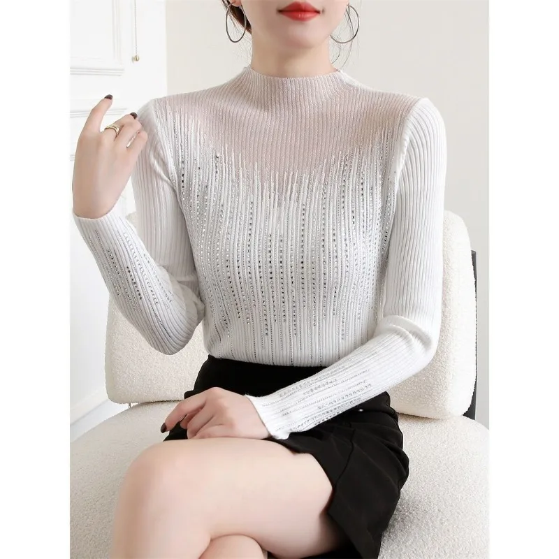 Maglione Hot Diamond Maglione a maniche lunghe cavo da donna Versatile camicia dimagrante con giunture in pizzo