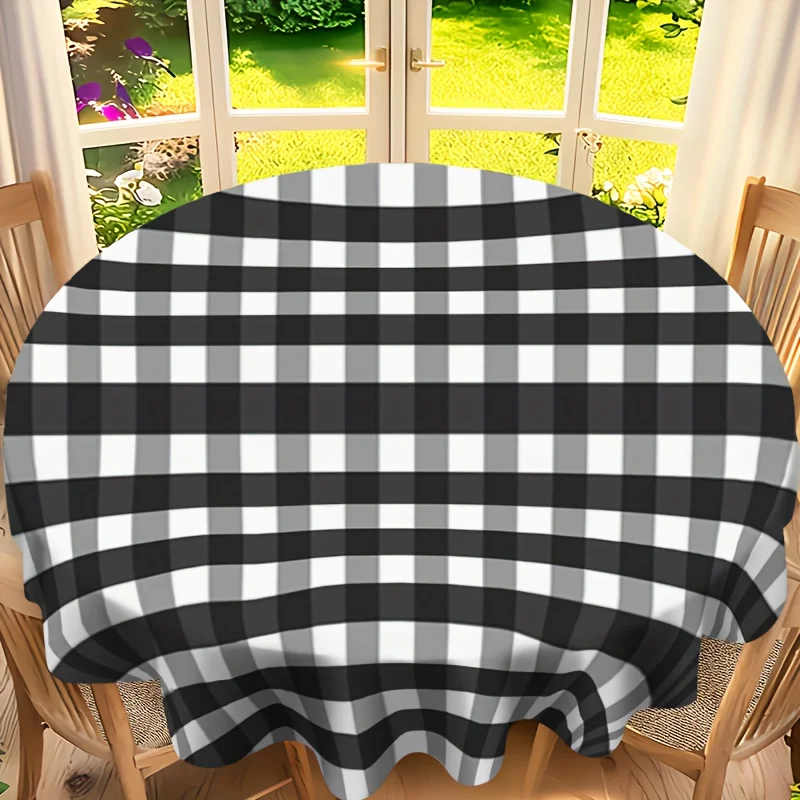 One fashionable black and white checkered tablecloth - round or rectangular, reusable and washable polyesterzyc