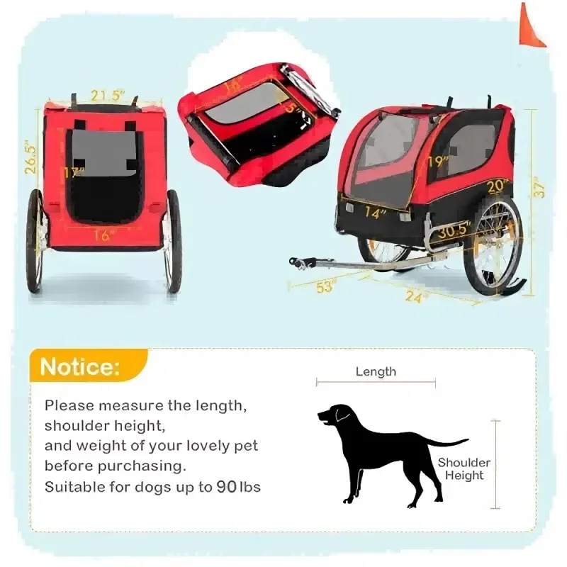 Dog Bike Trailer Dog Trailer for Cycle Trailers Wagon Cart Pet Bike Carrier 3 Doors, Aluminum Wheels, Safety Flag