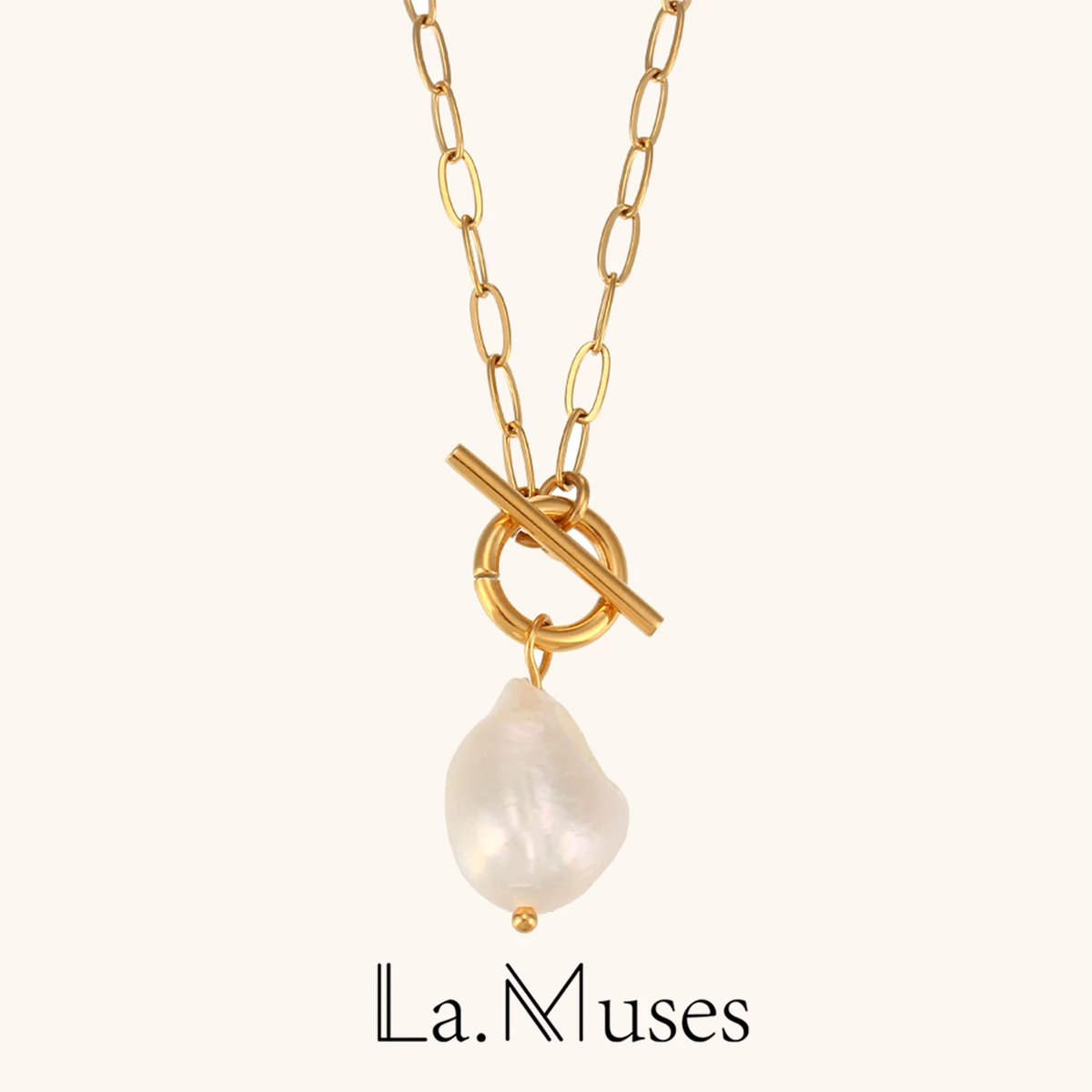 La. Muses Baroque Freshwater Pearl Pendant Stainless Steel Women's Necklace 18K Gold Plated Fashion Jewelry Gift