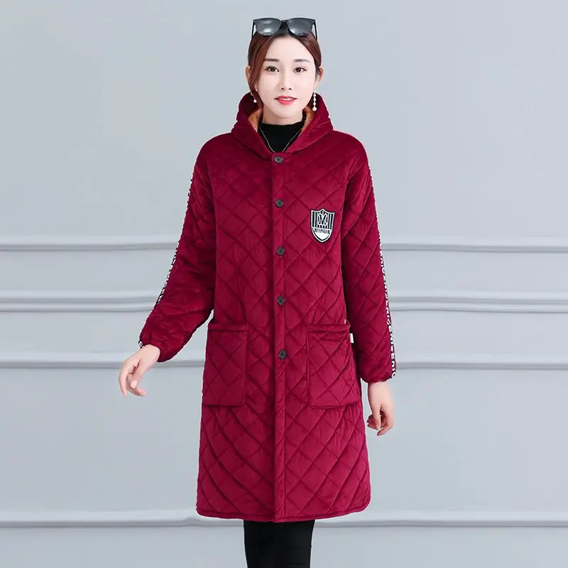 Winter Cotton-padded Clothes Women Parka Fleece Coat Hooded Warm Outerwear Long Windbreaker Thick Jacket Single-breasted Pockets