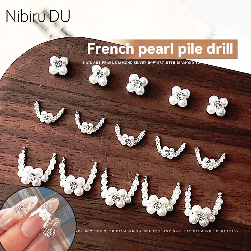 Conjunto de decorações para arte em unhas, 5 peças/10 peças, pérola, diamante, strass, adesivos, lua crescente francesa e design de flores, acessórios para arte em unhas