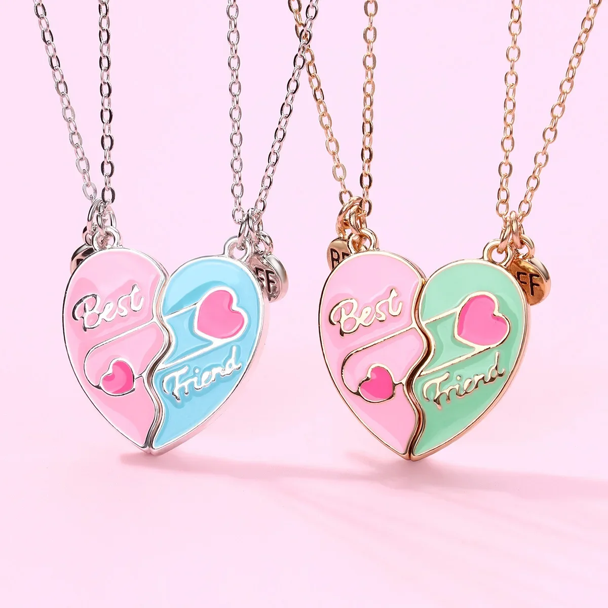 Elviragirl 2Pcs/set Heart-shaped Stitching Drip Oil Painted Best Friend Necklace BFF Friendship Jewelry Gifts for Kids