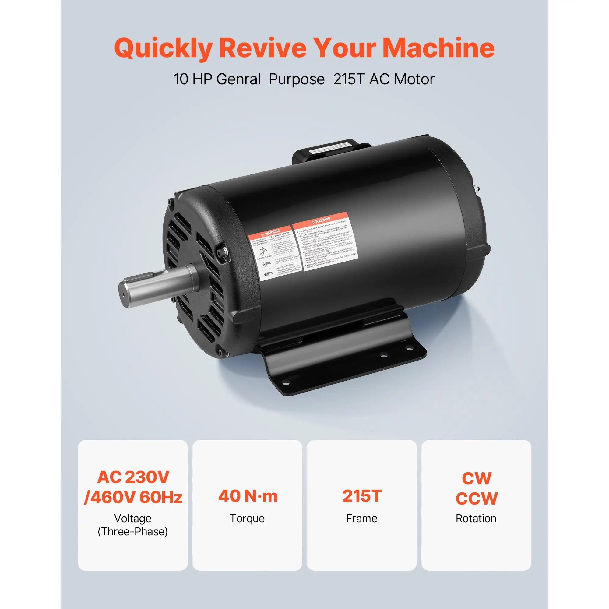 10 HP Electric Motor, 1770RPM Air Compressor Motor, CW/CCW Rotation, 1.375 inch Shaft Diameter, 3.88inch Shaft Length, 40N.m