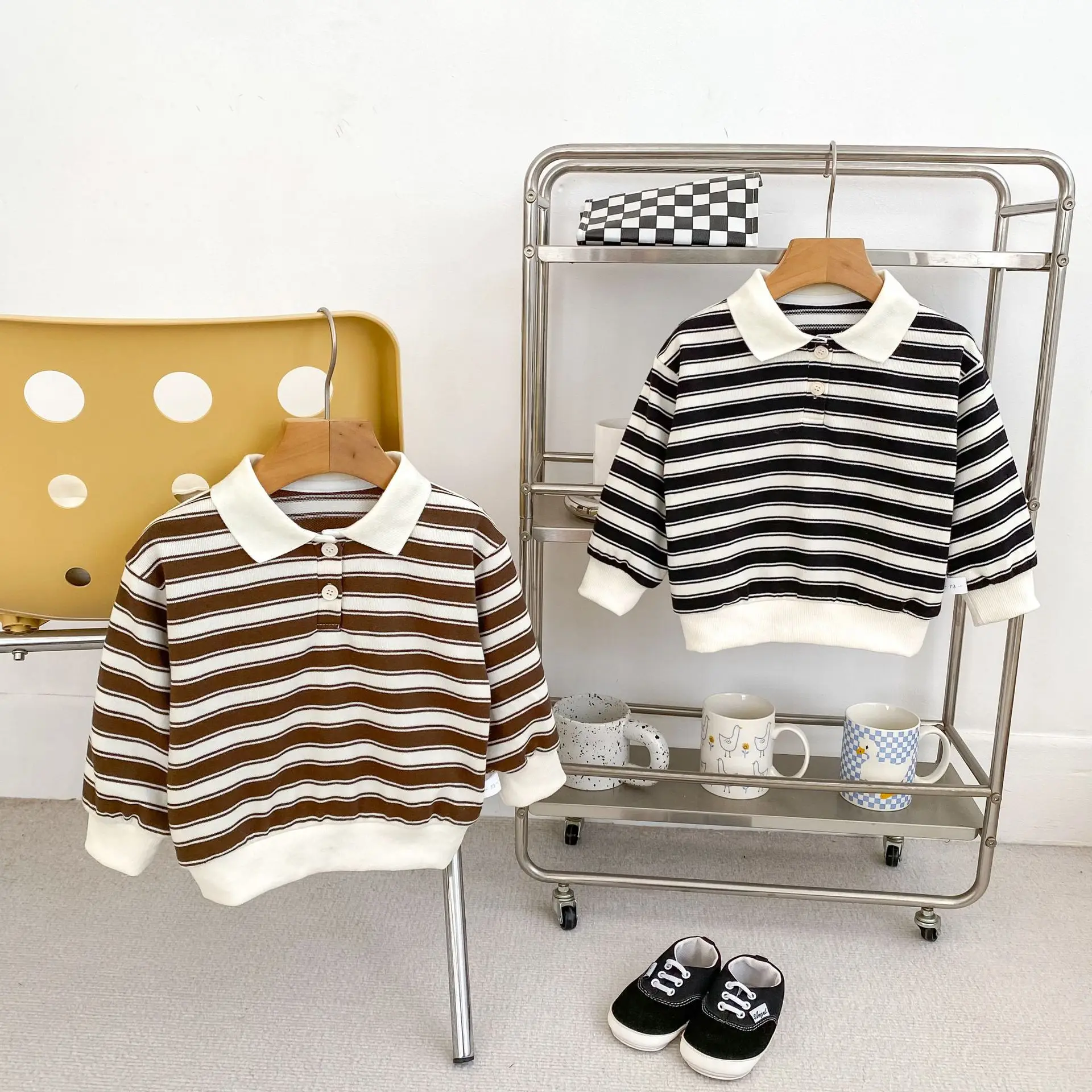 2025 Autumn New Boys Striped Suit Versatile Lapel Long-sleeved Top Casual Loose Denim Two-piece Set Fashion
